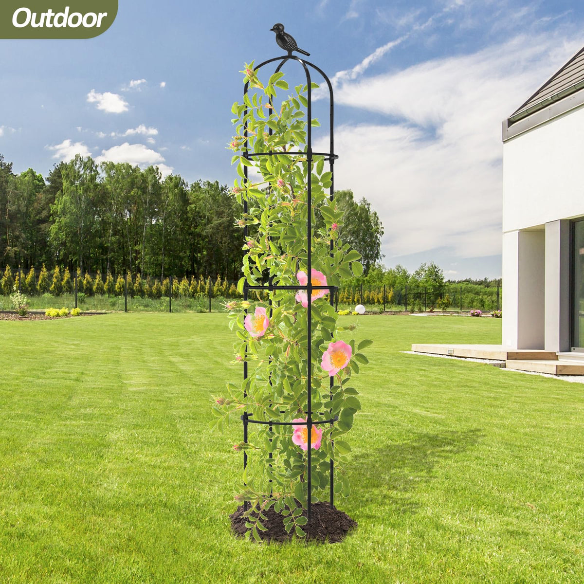 Trellume trellis supporting tomatoes and cucumbers in a raised bed container