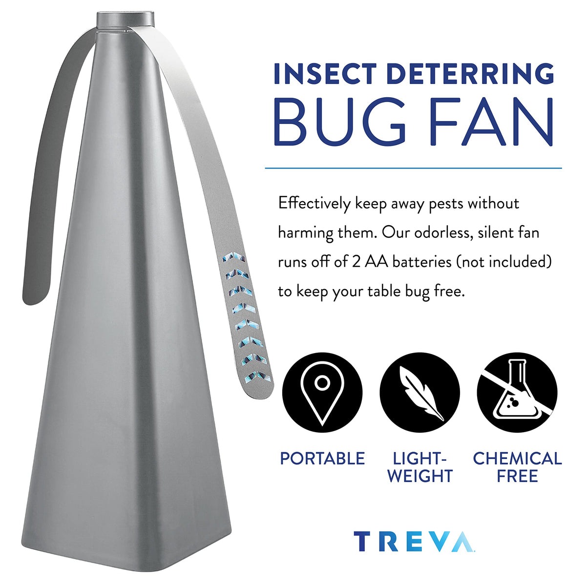 Treva Bug Fan battery-powered design enables portable outdoor use on patios.