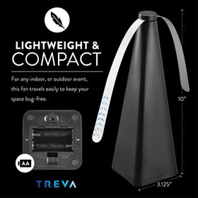 Outdoor picnic scene with Treva fan deterring insects.
