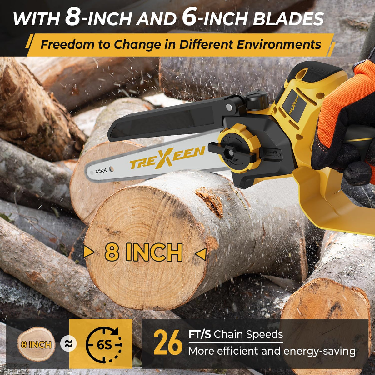 TREXEEN mini chainsaw with a 6-inch blade for precise trimming and detail work.
