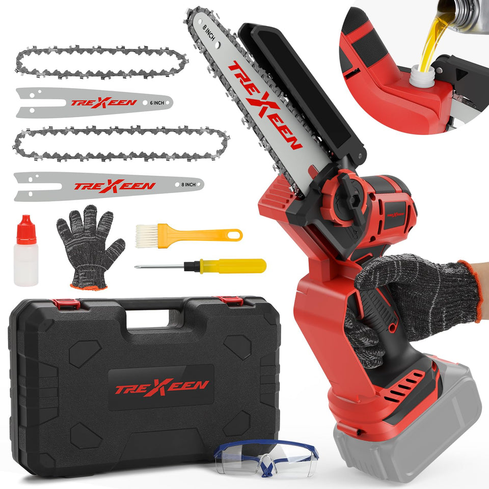 TREXEEN mini chainsaw with 8-inch bar for precise outdoor cuts