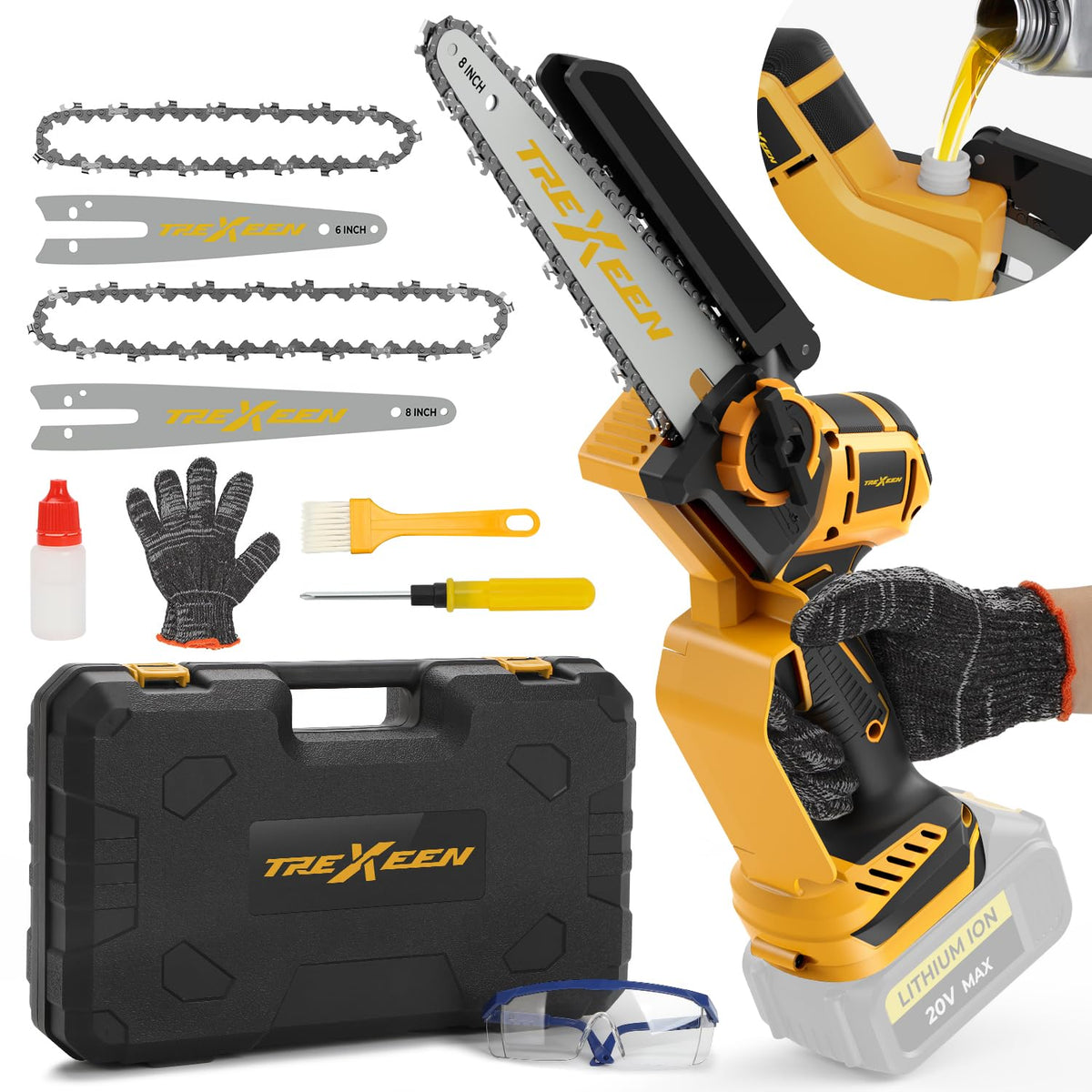 TREXEEN mini chainsaw with an 8-inch blade for efficient wood cutting and pruning.