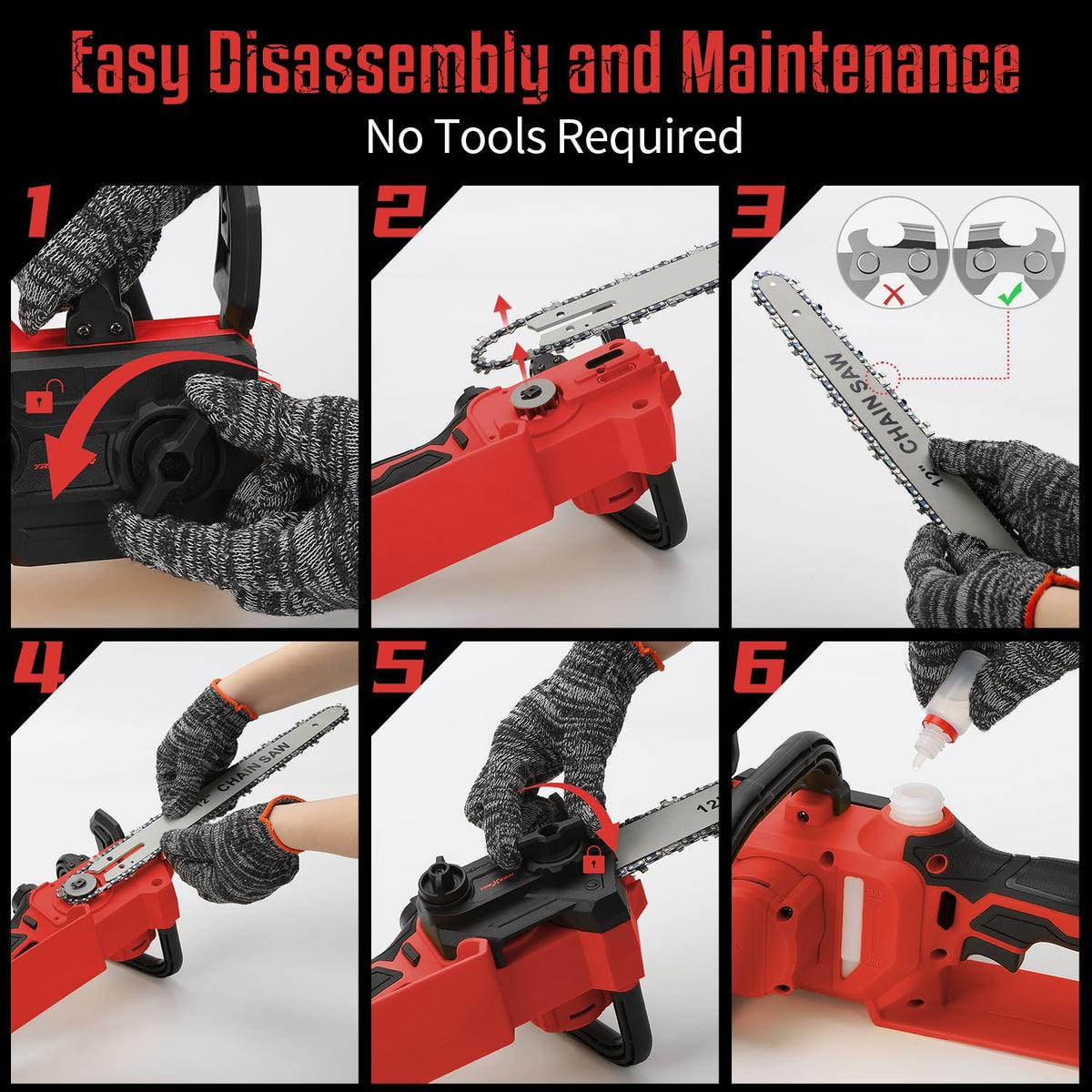TREXEEN mini chainsaw dual safety lock prevents accidental startup for safer operation