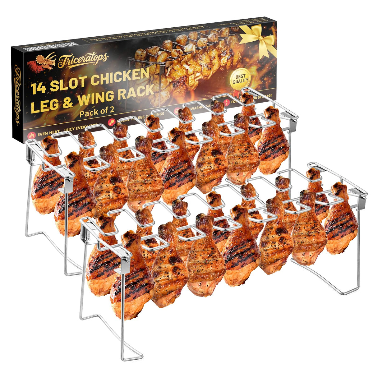 Triceratops two-pack grill rack with 14 slots for even drumstick cooking.