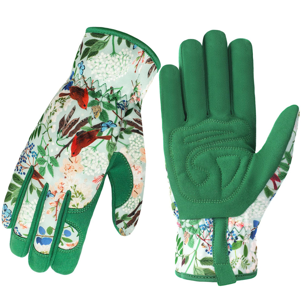 Trifabricy Garden Gloves with floral back pattern offer stylish protection and grip for pruning.