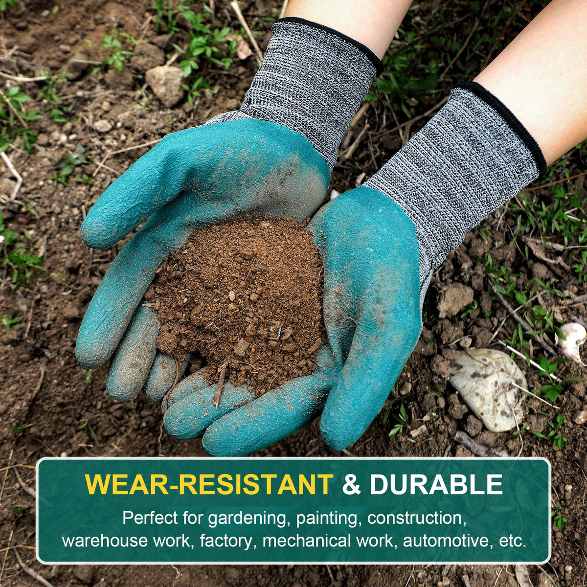 Trifabricy gloves with latex coating on palm for secure grip during work