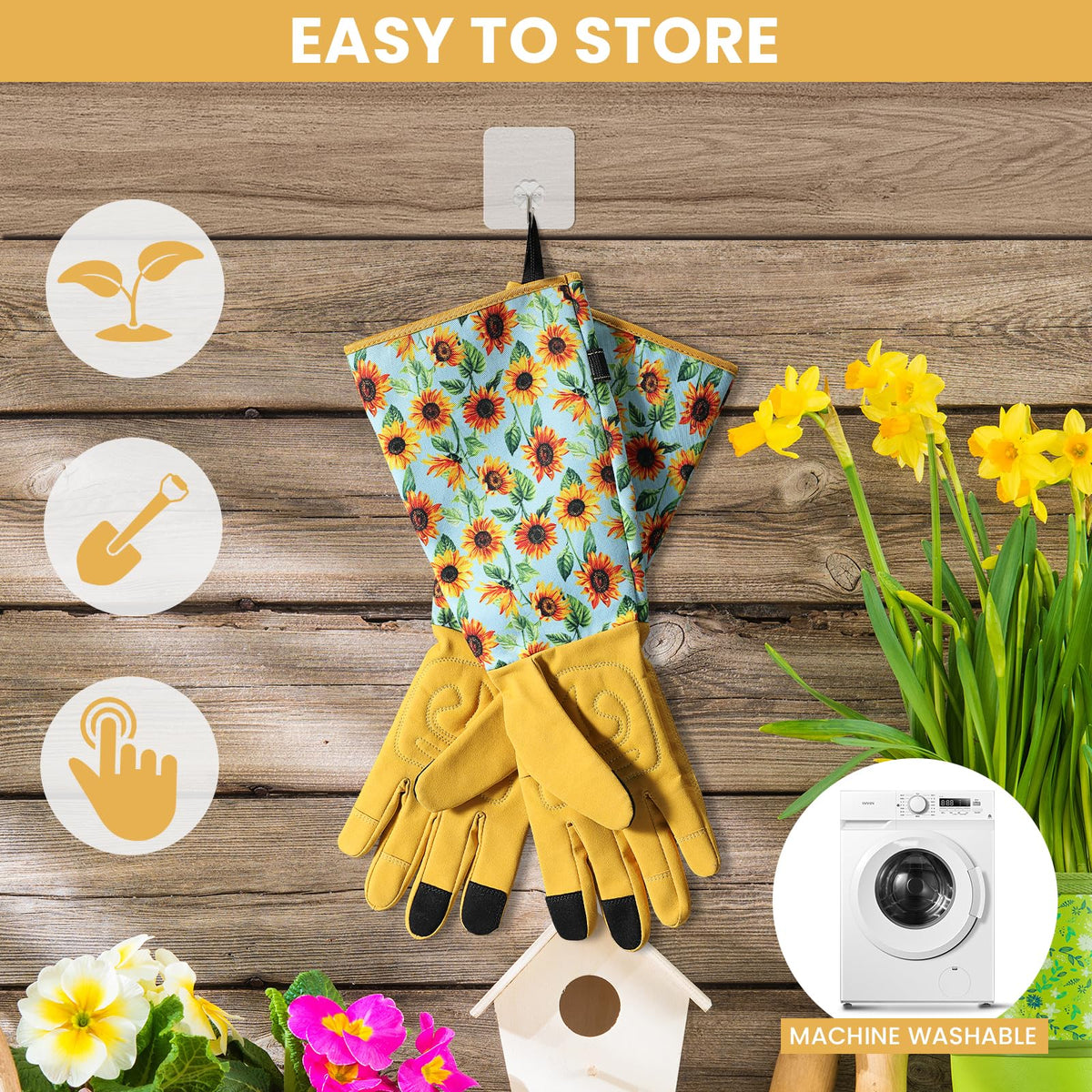 Trifabricy gloves featuring elastic wrists for a secure, comfortable fit during yard work.