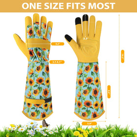Trifabricy gloves with extended cuffs protecting forearms during thorny trimming.