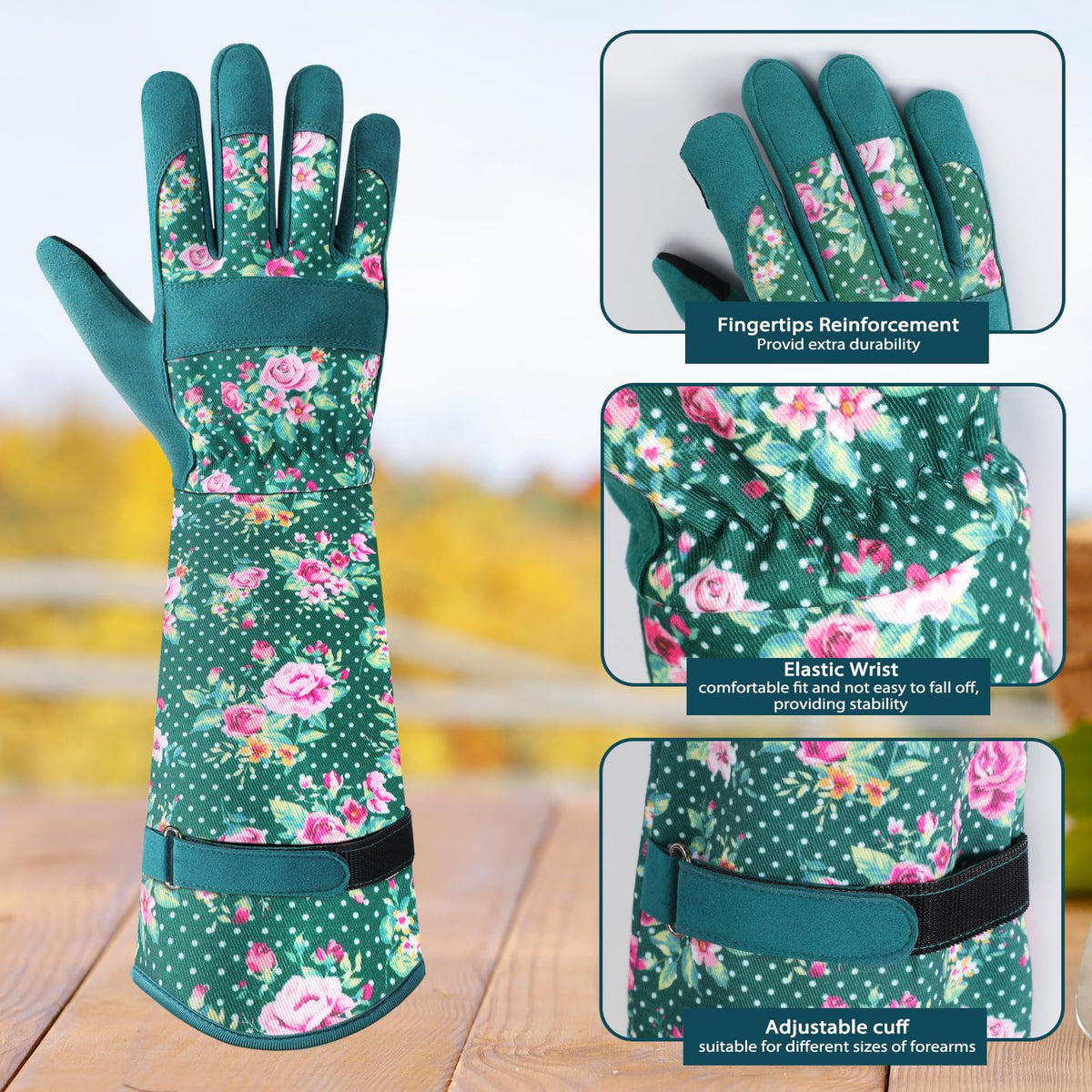 Trifabricy extended-cuffs protect forearms from scratches while weeding.