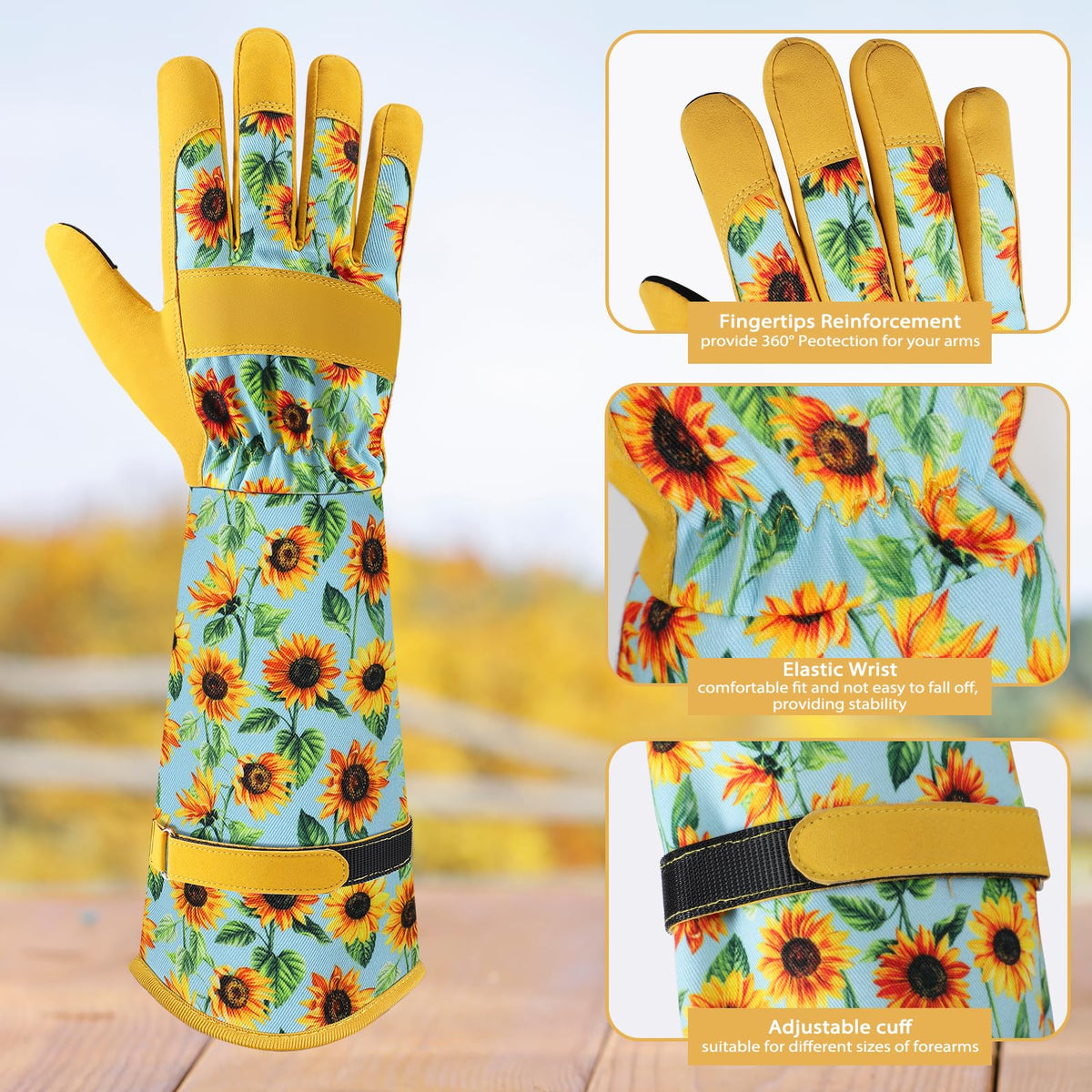 Trifabricy gardening gloves with cheerful sunflower floral design for stylish work.