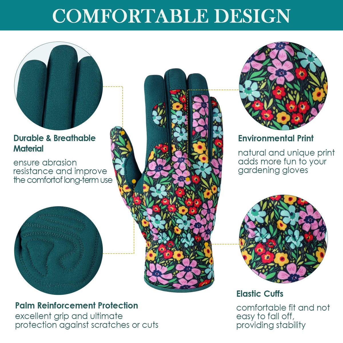 Trifabricy Garden Gloves for Women with floral pattern back adds visual appeal.