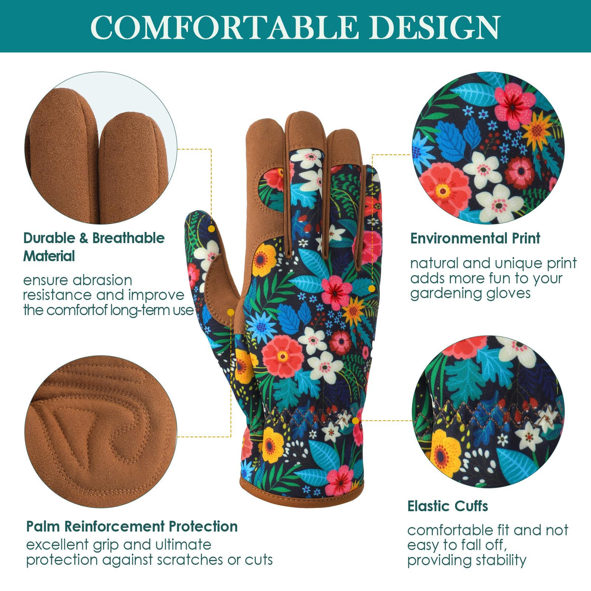 Trifabricy Garden Gloves for Women floral-back-pattern adds color while you work