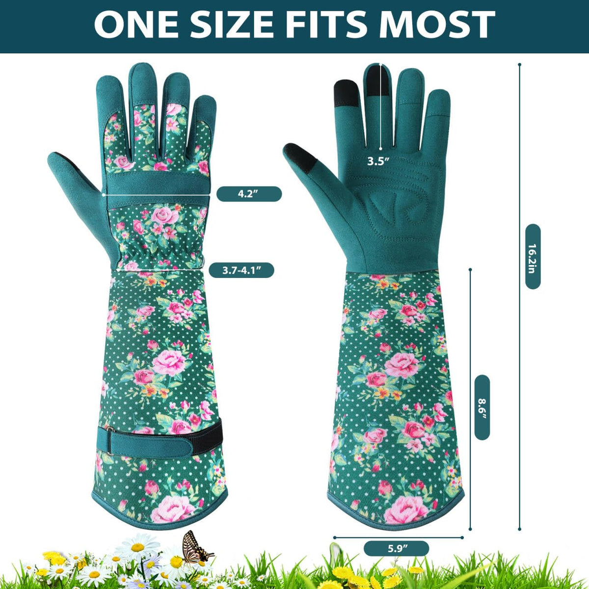 Trifabricy gloves feature textured palm grip for secure pruning and digging.