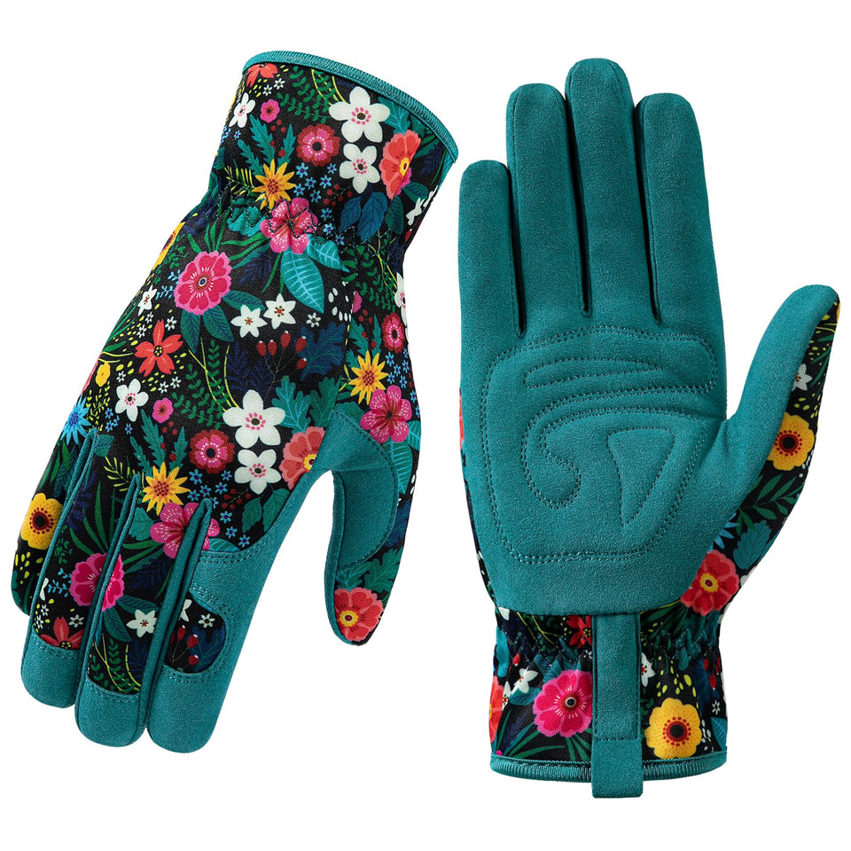 Trifabricy garden gloves for women with a floral back pattern for stylish protection.