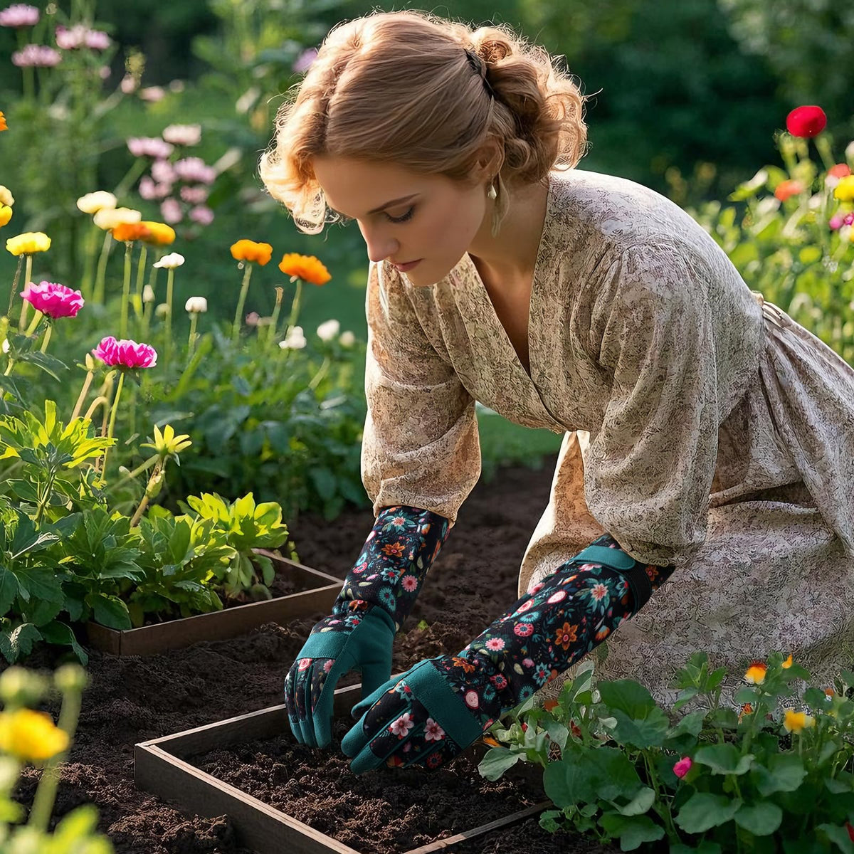 Trifabricy extended-cuff gloves protect forearms during pruning and weeding