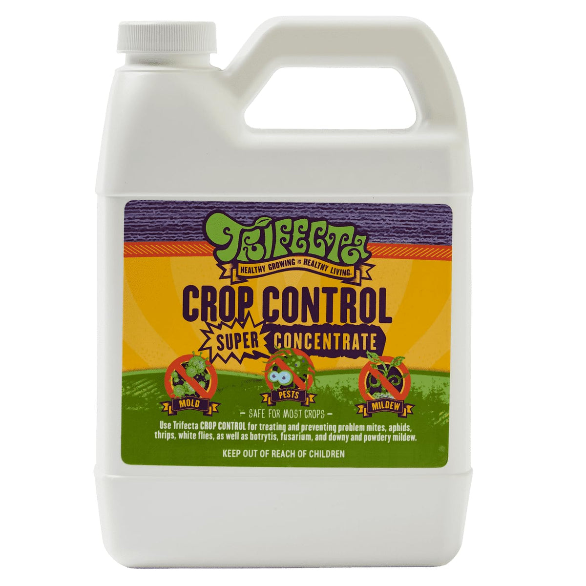 Trifecta Crop Control bottle close-up showing natural pest control for plants