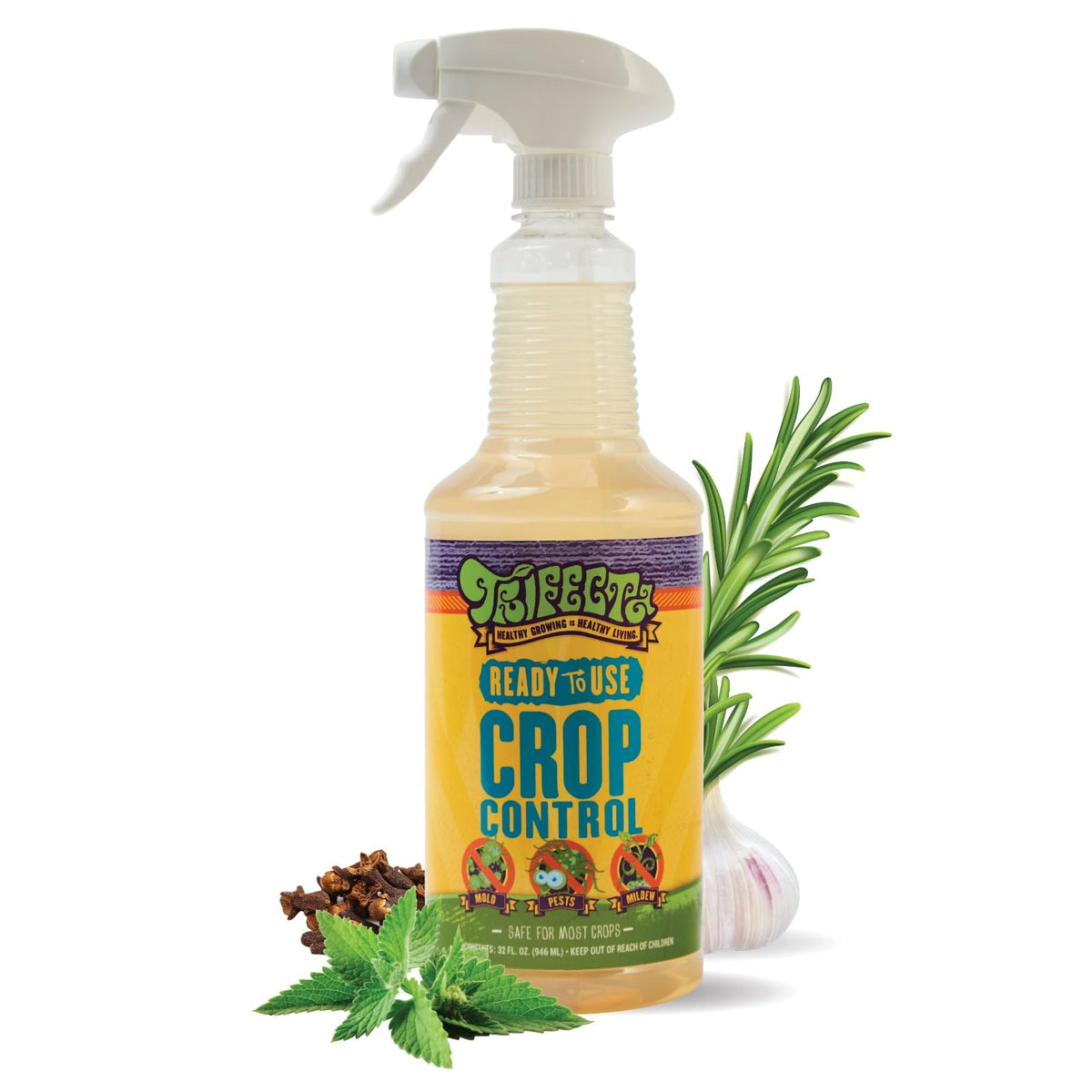 Trifecta Crop Control bottle front view for easy garden pest control