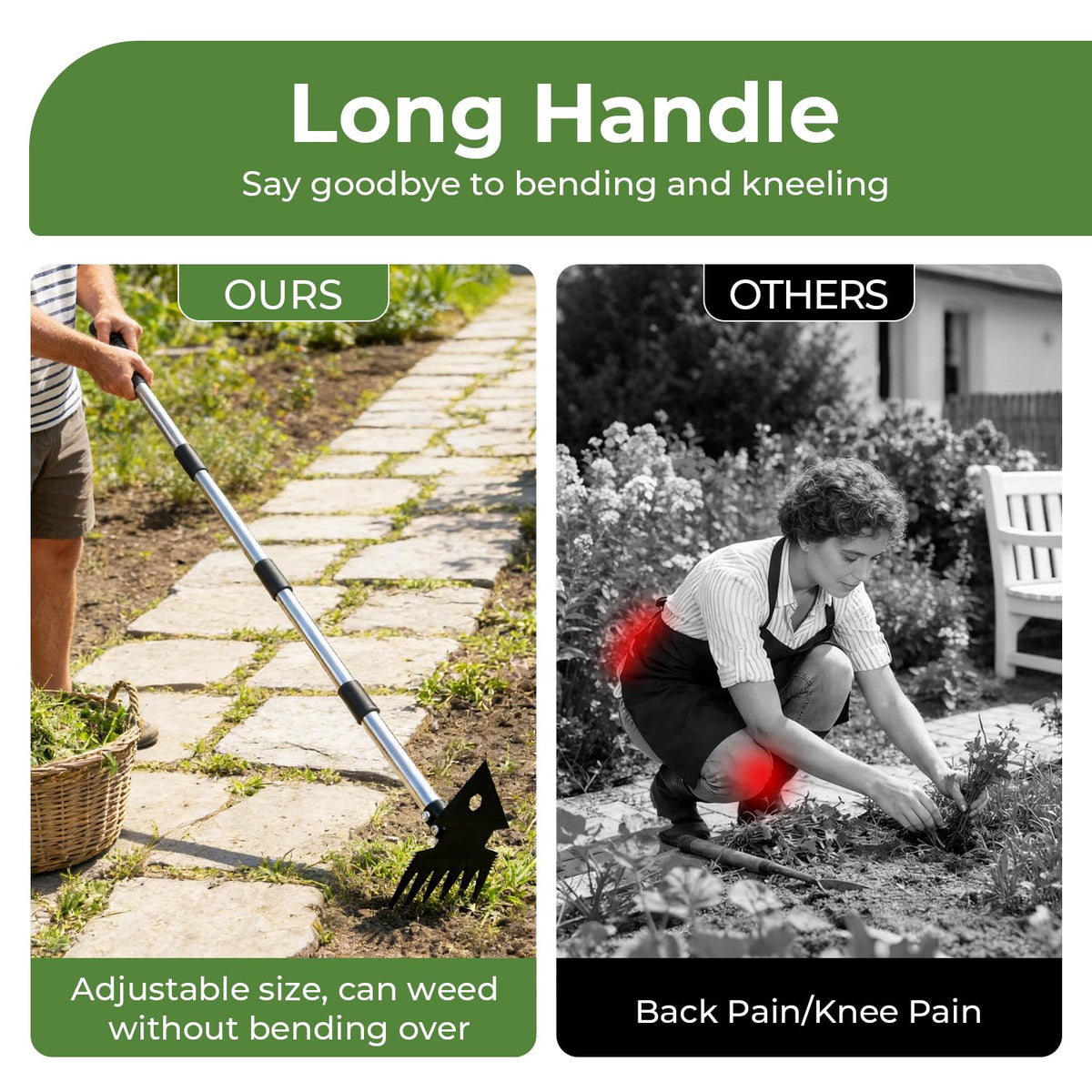 TrigenTeels four-section pole adjusts to your height for ergonomic weeding.