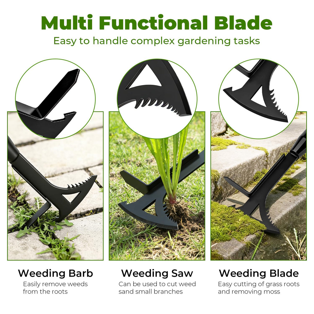 TrigenTeels triangle awl penetrates cracks to uproot deep weeds.