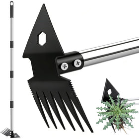 TrigenTeels dual-head weed puller ready for deep-rooted weeds in beds.