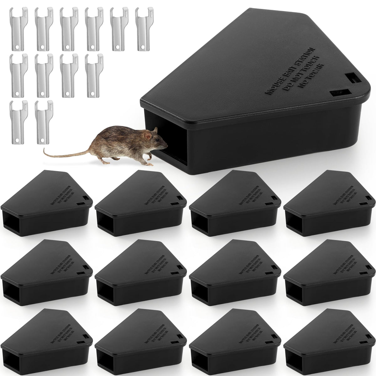 Trihood 12-pack mouse bait station with keys secured for safe indoor-outdoor use.
