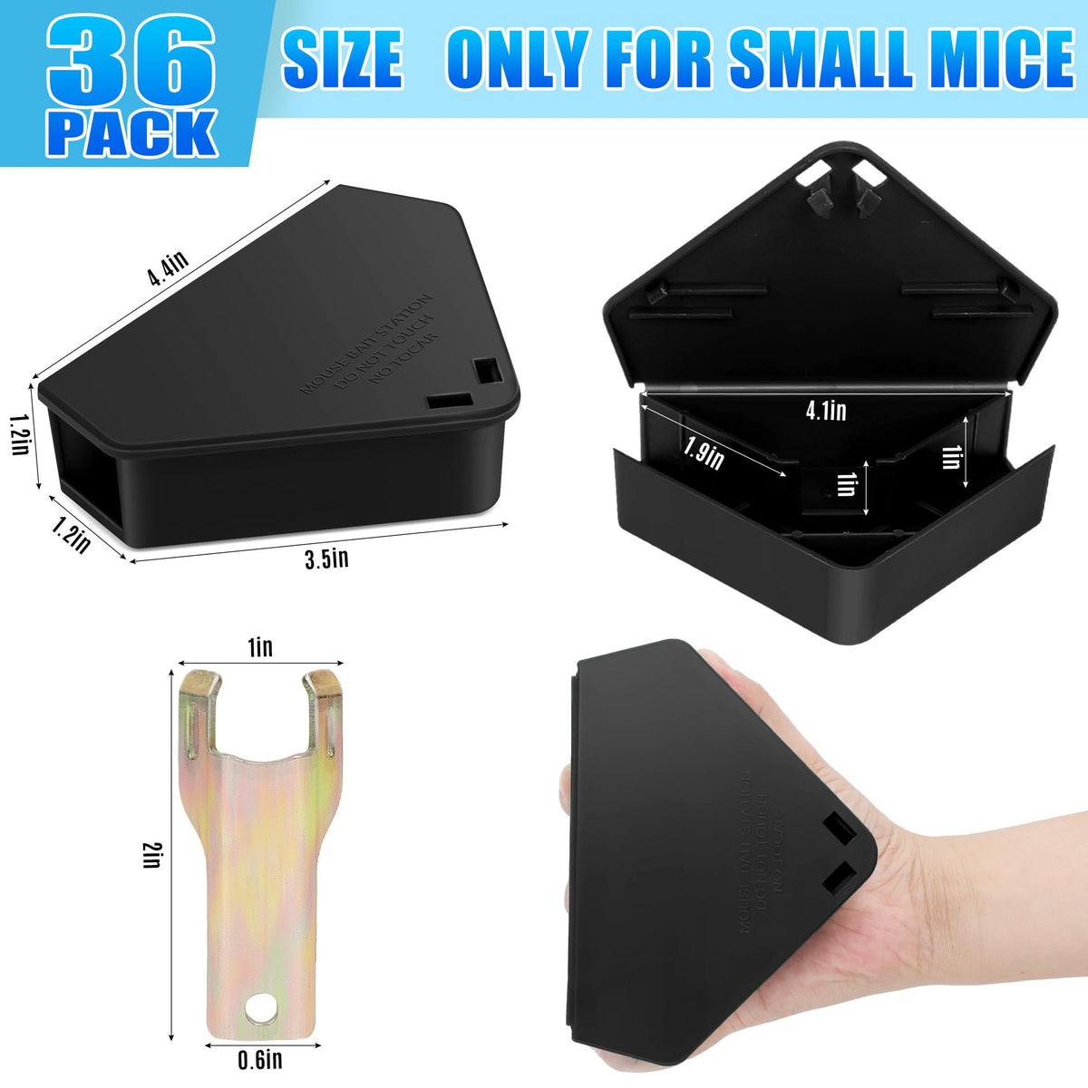 Trihood 36-pack mouse bait station indoor kitchen placement, tamper-resistant design improves safety.