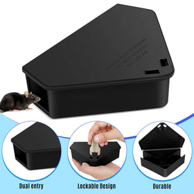 Trihood mouse bait station locking keys closeup, easy refill while keeping children and pets safe.