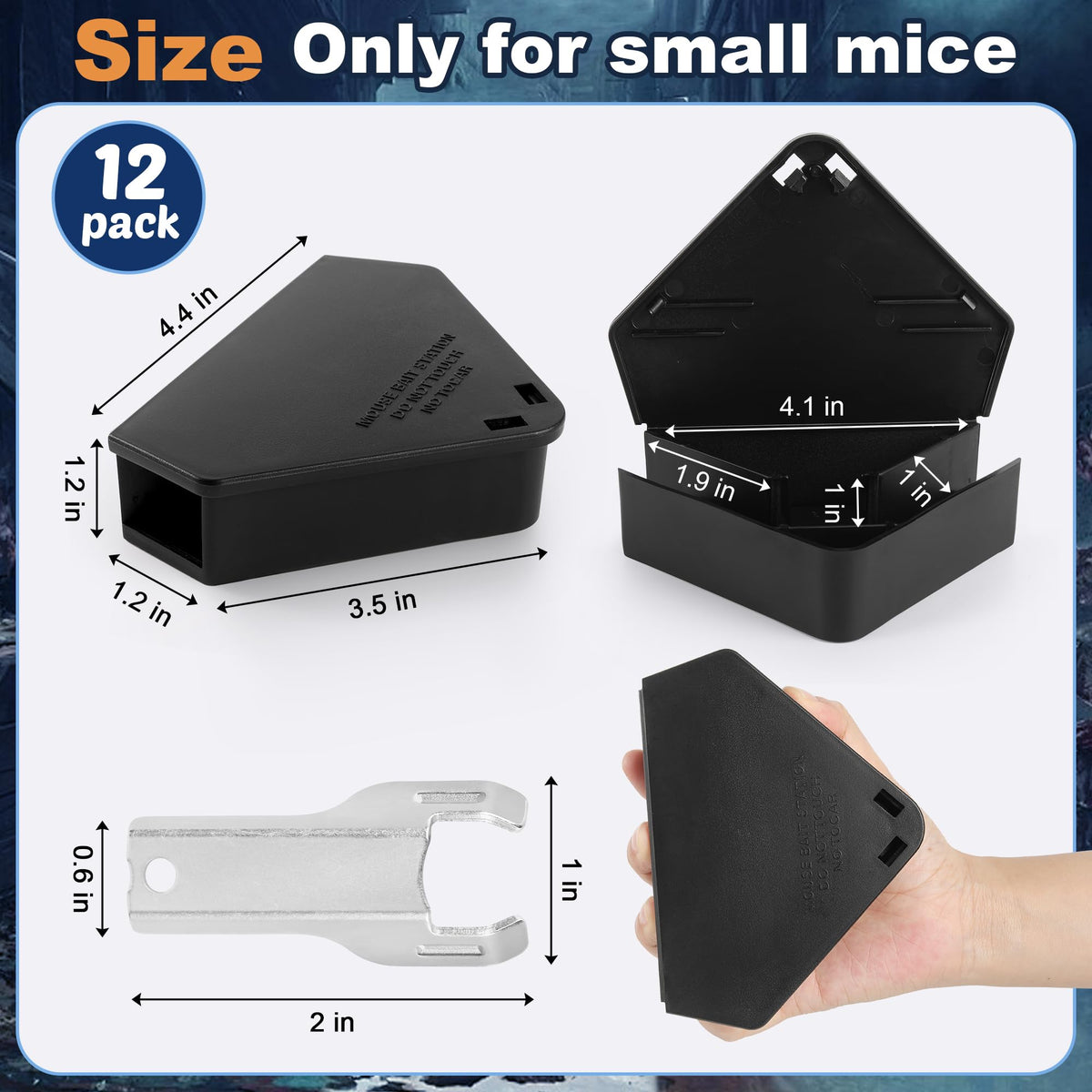 Trihood refillable mouse bait box featuring durable ABS and rust-resistant keys.