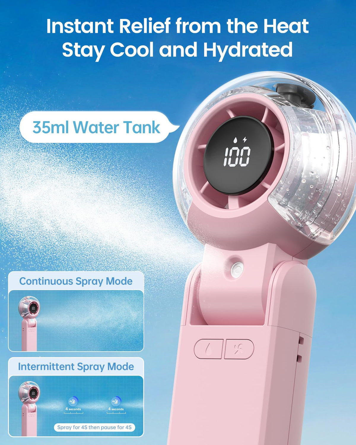 TriPole misting fan LED display shows battery level and speed at a glance.