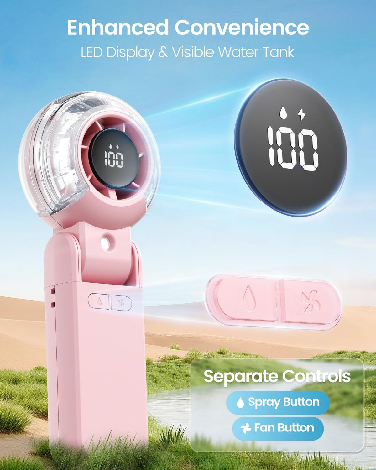 TriPole misting fan neck wearable with lanyard for hands-free cooling.