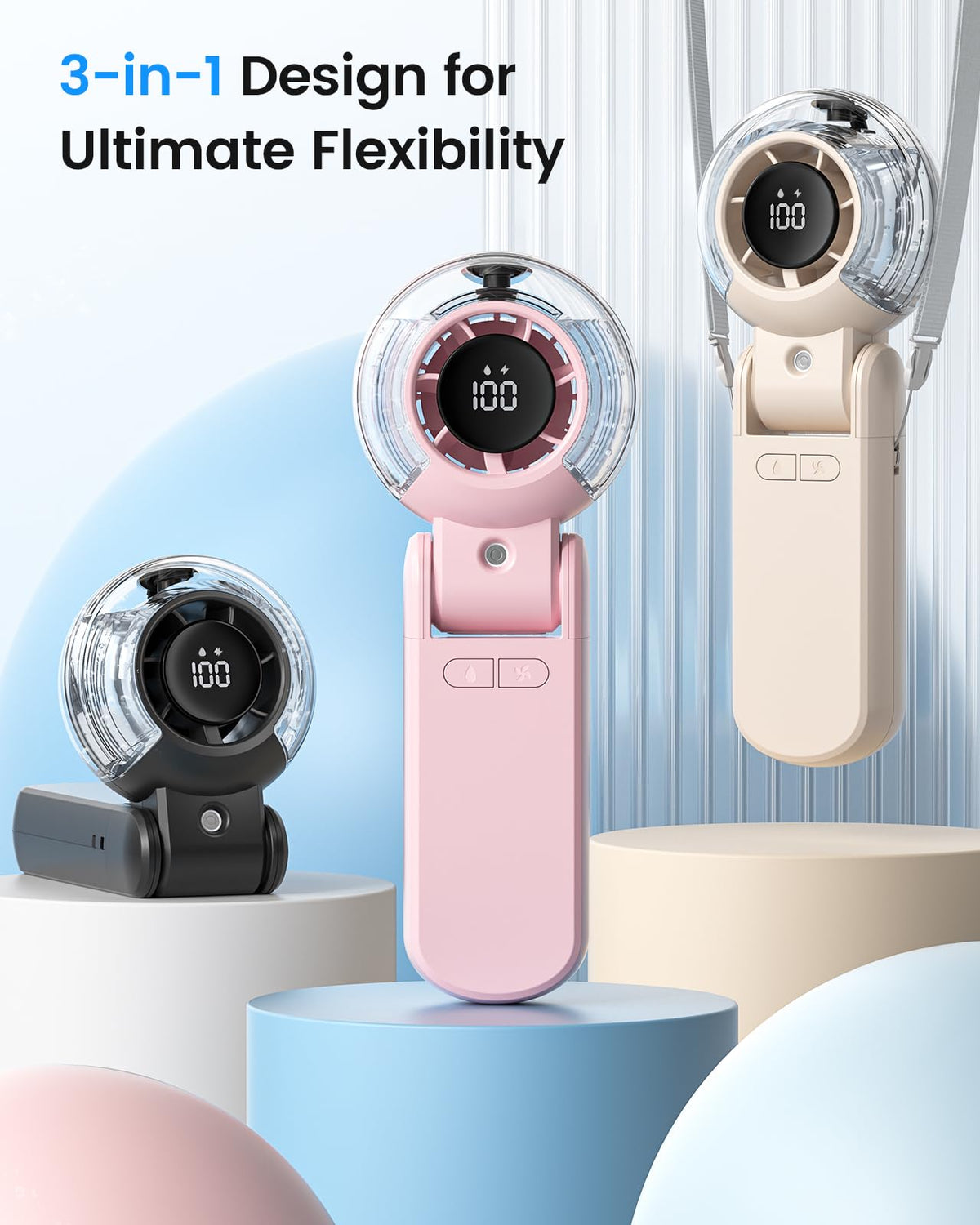 TriPole misting fan in outdoor setting for travel and beach days.