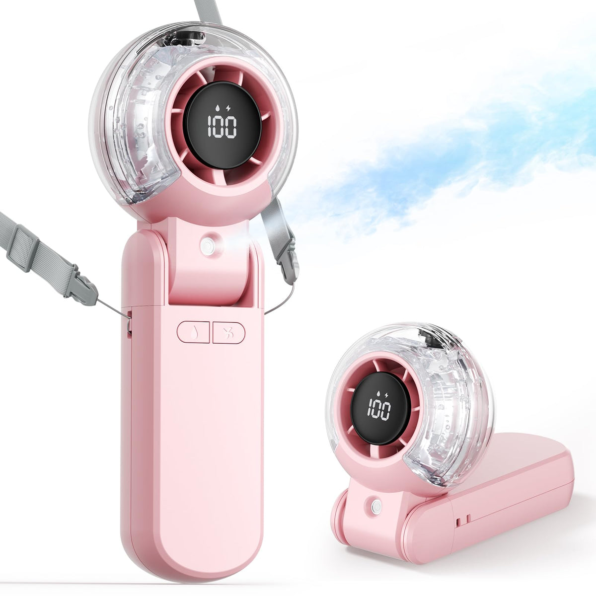 TriPole misting fan portable handheld delivers refreshing mist for outdoor cooling.