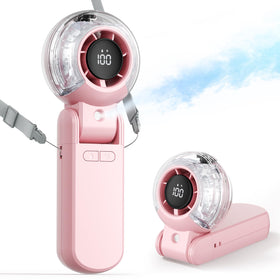 TriPole misting fan portable handheld delivers refreshing mist for outdoor cooling.