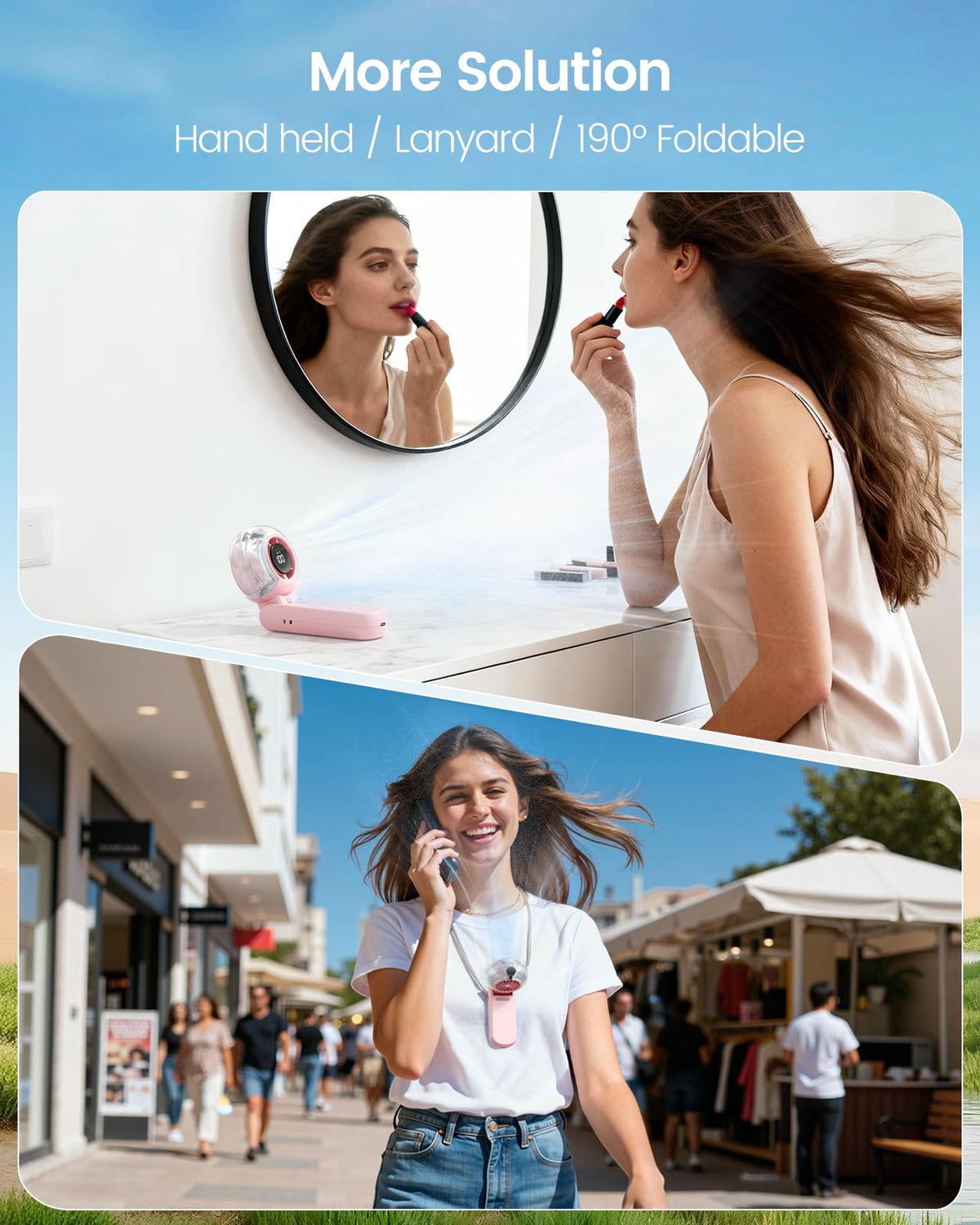 TriPole misting fan with 4000mAh battery for extended outdoor use.