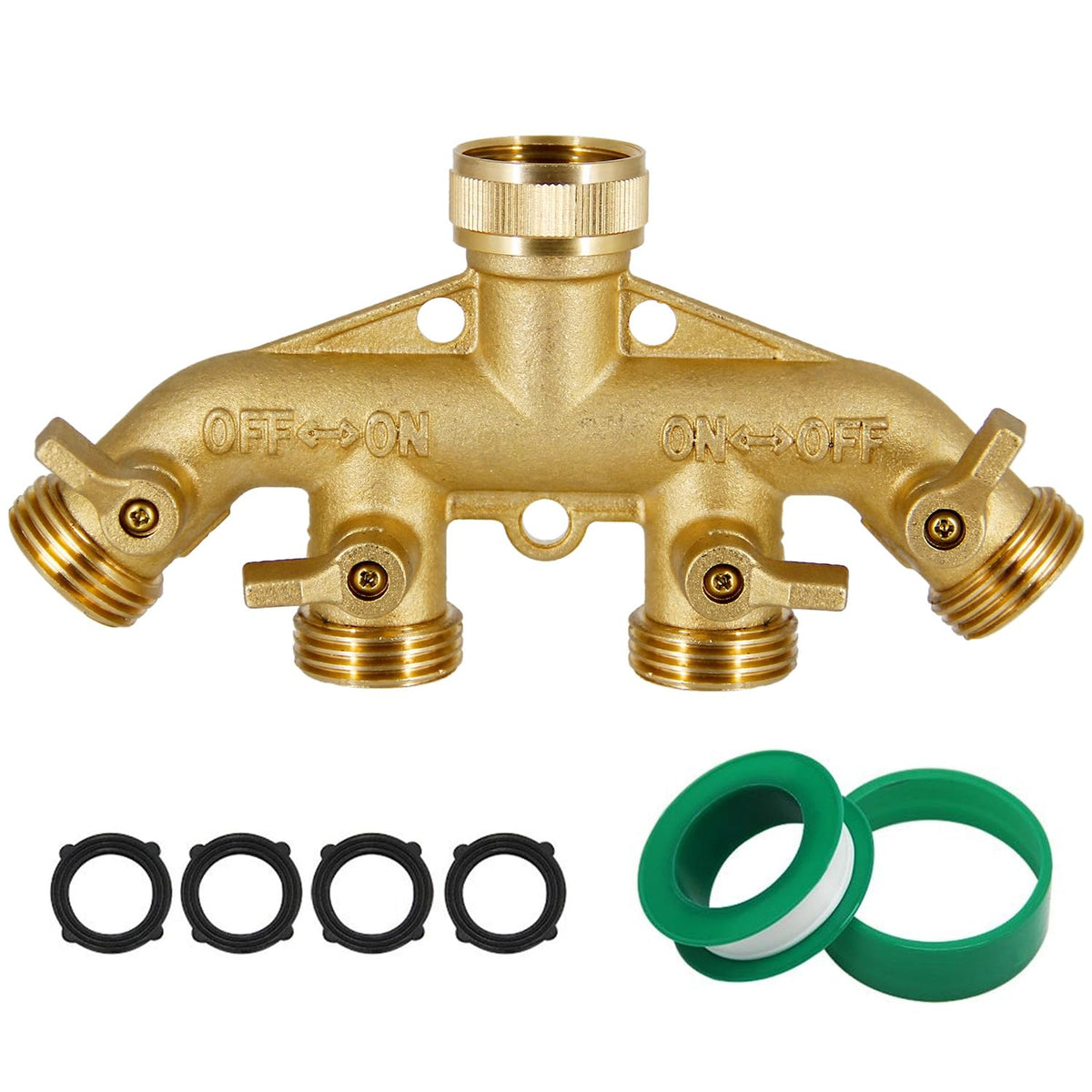 Triumpeek brass 4-way splitter close-up for versatile watering options.