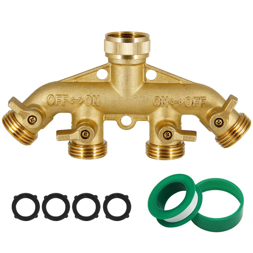 Triumpeek brass 4-way splitter close-up for versatile watering options.