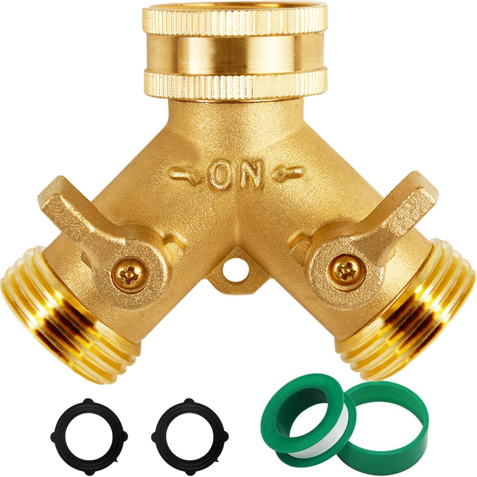 Triumpeek brass garden hose splitter with two outlets for simultaneous watering.
