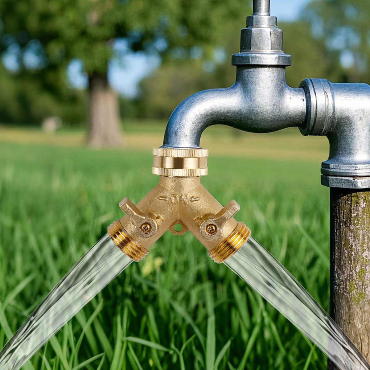 Triumpeek brass hose splitter garden and car-wash use scenarios.
