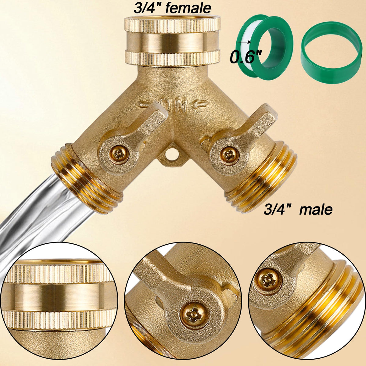 Triumpeek brass hose splitter threaded connection side view shows secure compatibility.