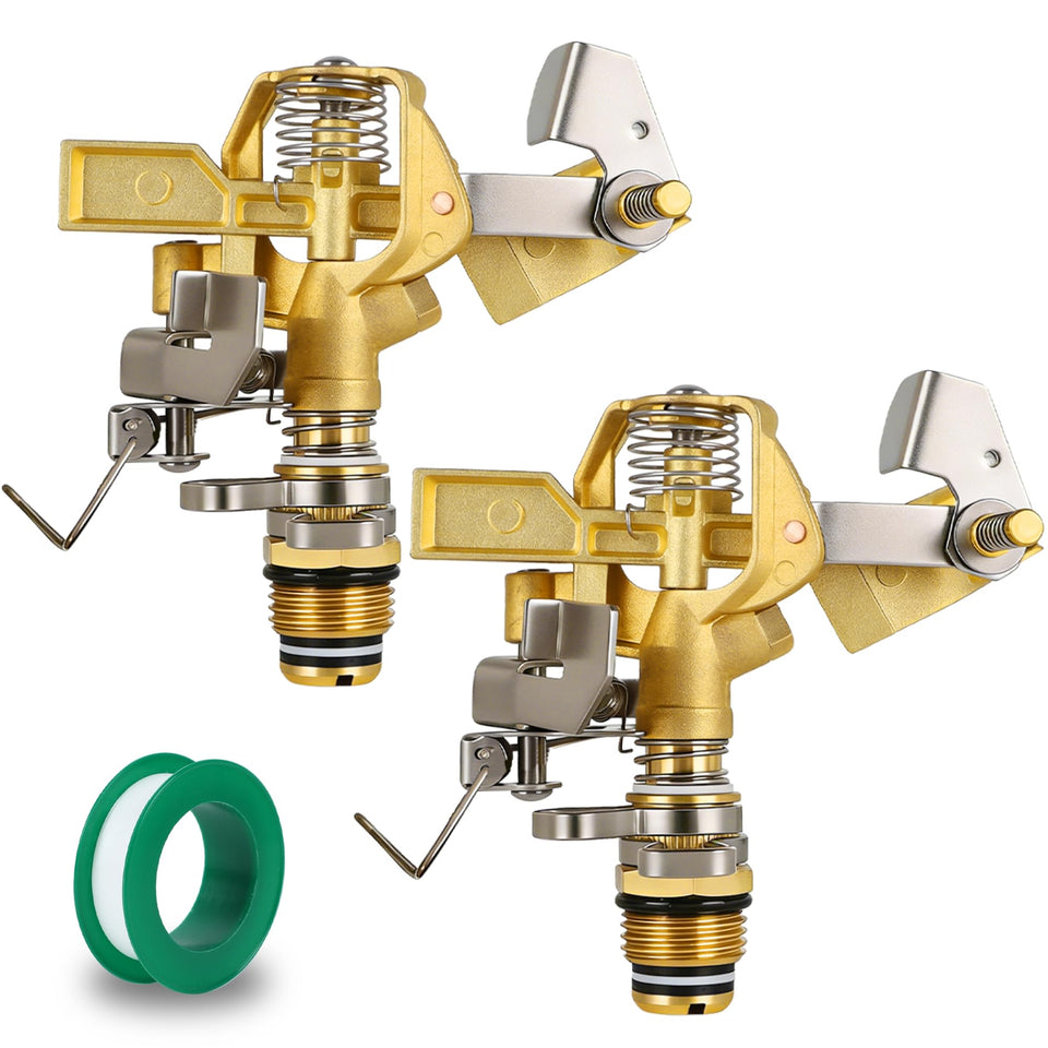 Triumpeek brass impact sprinkler head front view showing rugged metal build for durable outdoor watering