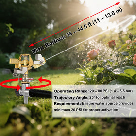 Triumpeek coverage radius ranges from 36 to 44.6 feet for large lawns.