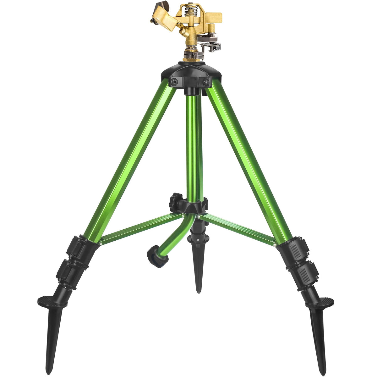 Triumpeek impact sprinkler on tripod base provides wide lawn coverage.