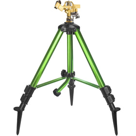 Triumpeek impact sprinkler on tripod base provides wide lawn coverage.