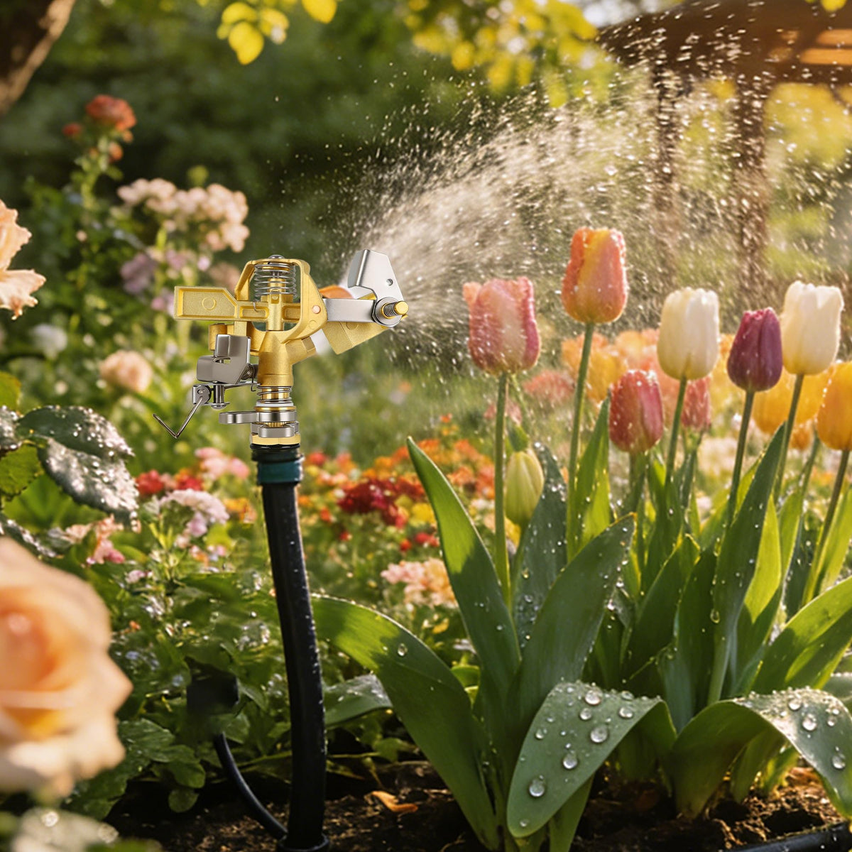 Triumpeek multi-use sprinkler for lawns, beds, and farms supports versatile irrigation
