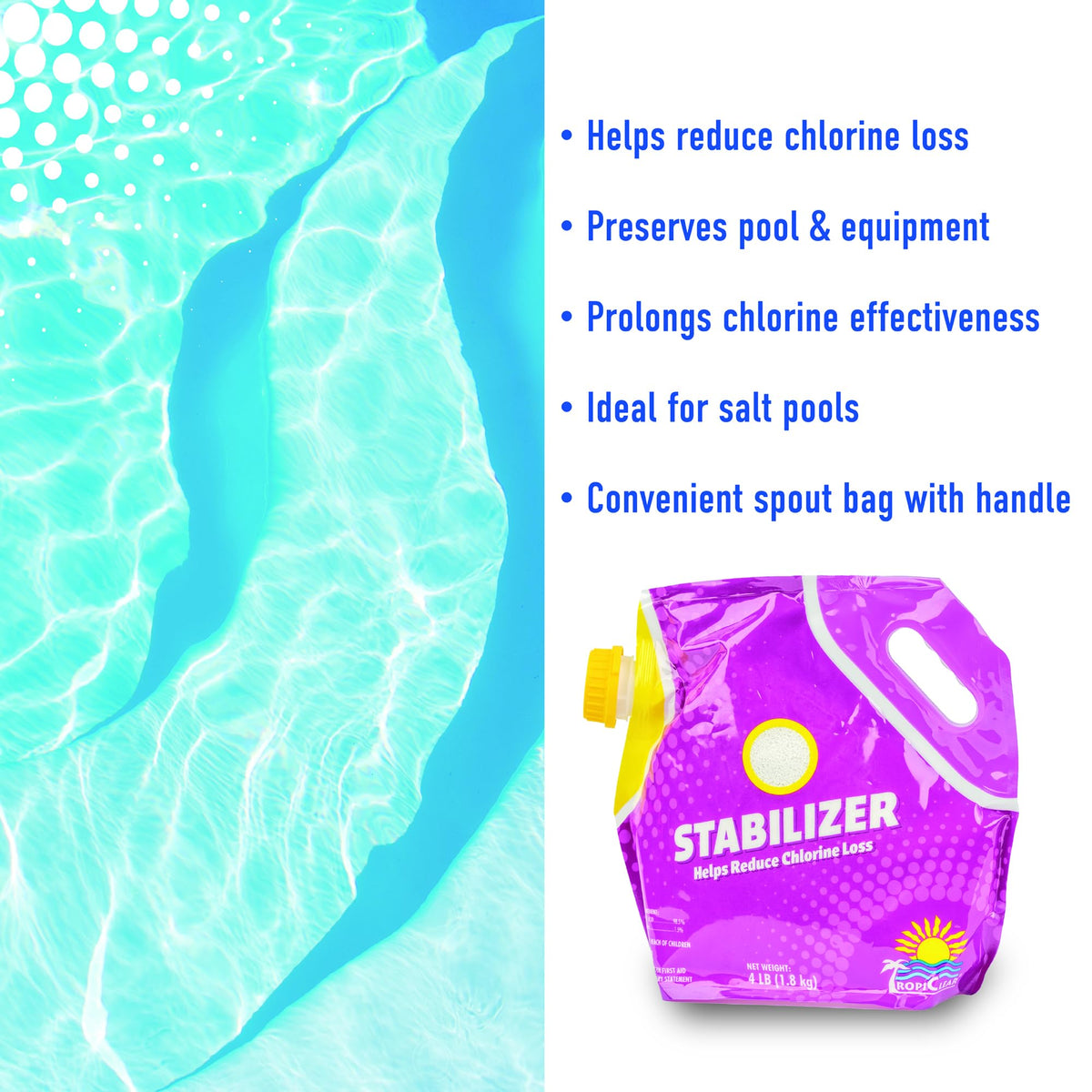 TropiClear stabilizer for saltwater pools maintains balanced cyanuric acid levels.