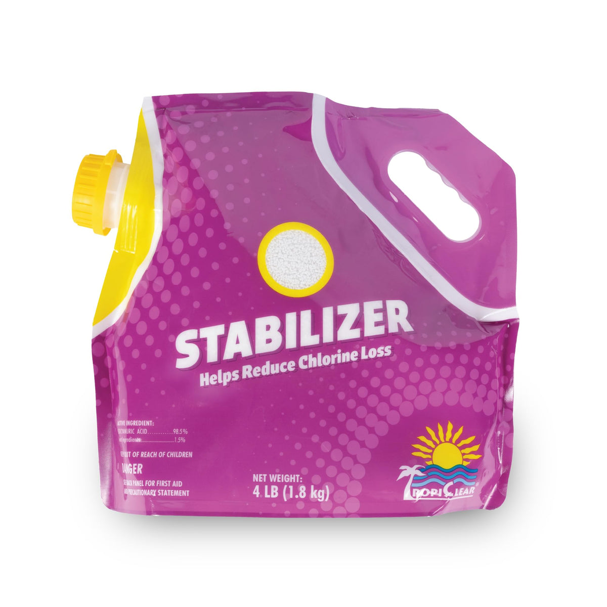 TropiClear Pool Stabilizer bottle pouring to shield chlorine from UV light.