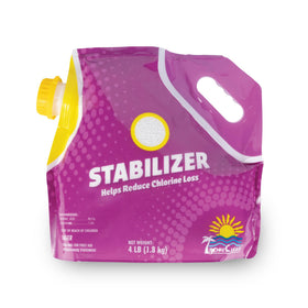 TropiClear Pool Stabilizer bottle pouring to shield chlorine from UV light.