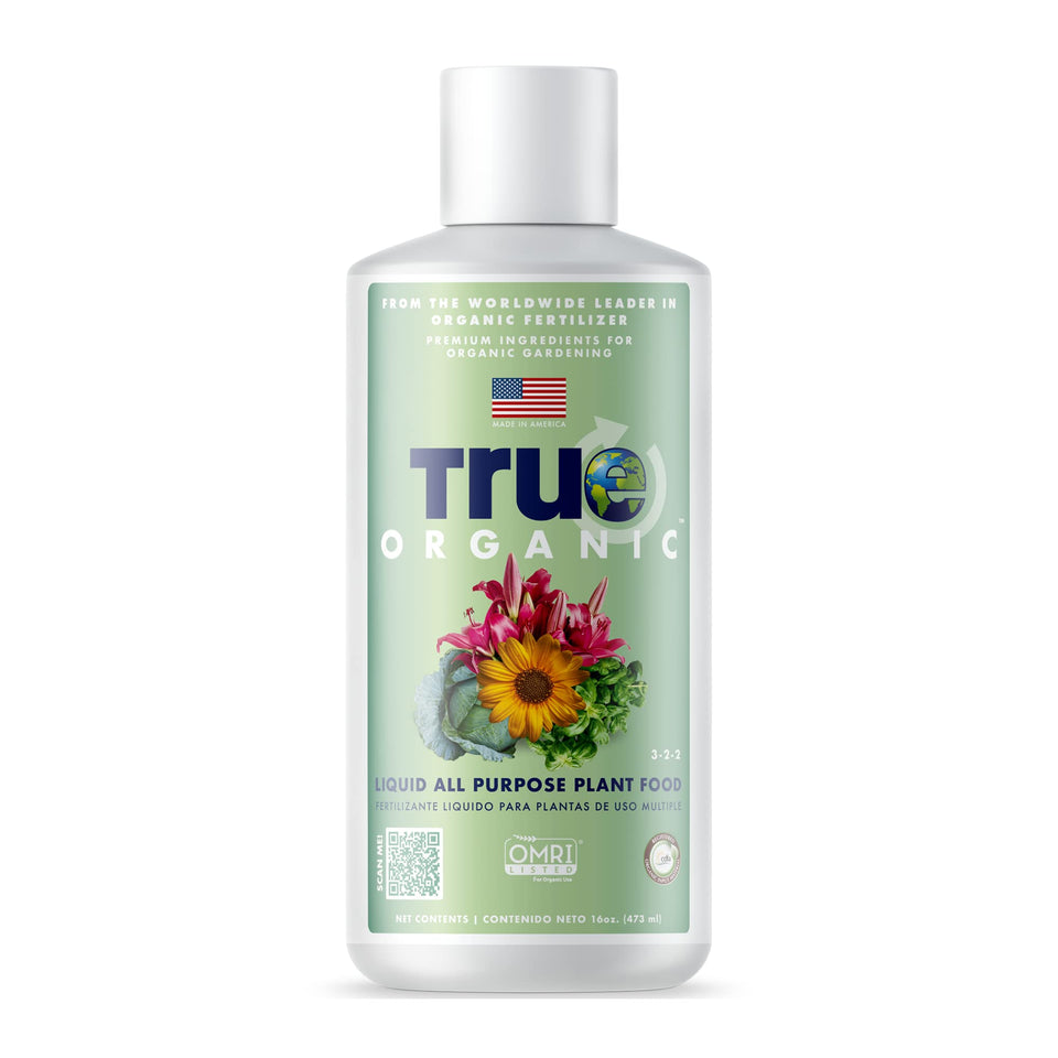 True Organic All Purpose Liquid Plant Food bottle ready to mix for healthy fruit and foliage.