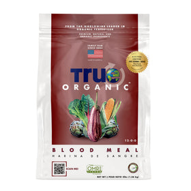 True Organic Blood Meal bag front highlighting natural, nitrogen-rich formula for leafy greens