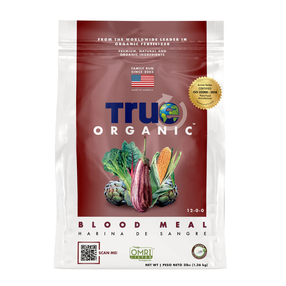 True Organic Blood Meal bag front highlighting natural, nitrogen-rich formula for leafy greens